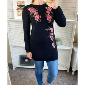 Yumi Knitwear black long sleeve floral embroidered sweater dress